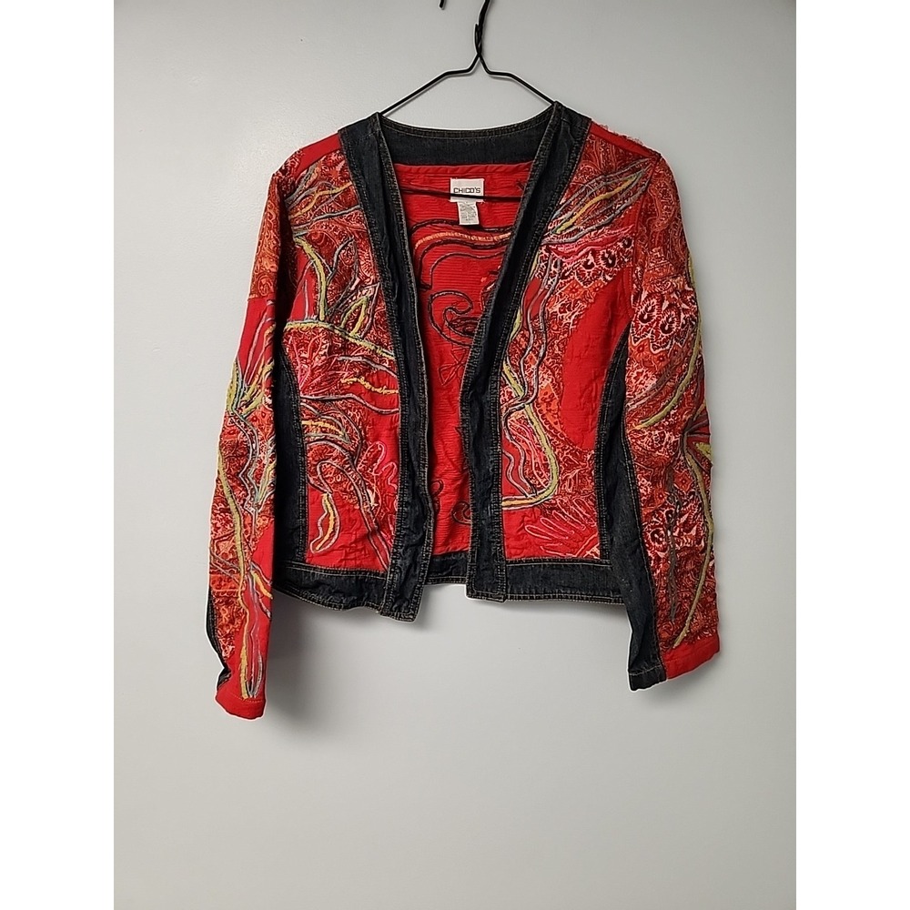 Chico's 1 Med‎ Tulsi Raku Embroidered Red Western Artsy Denim Mixed Media Jacket